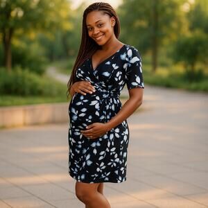Motherhood Womens Dress Size Small Blue White Wrap Ruched Maternity Floral